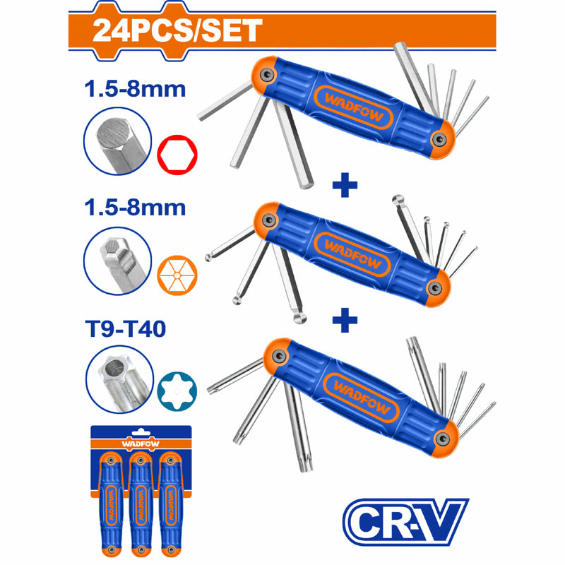 Llaves Allen 1.5-8mm y Torx T9-T40 Plegables Cr-V con Punta Esférica y Tratamiento Térmico. Set 24 pzas.