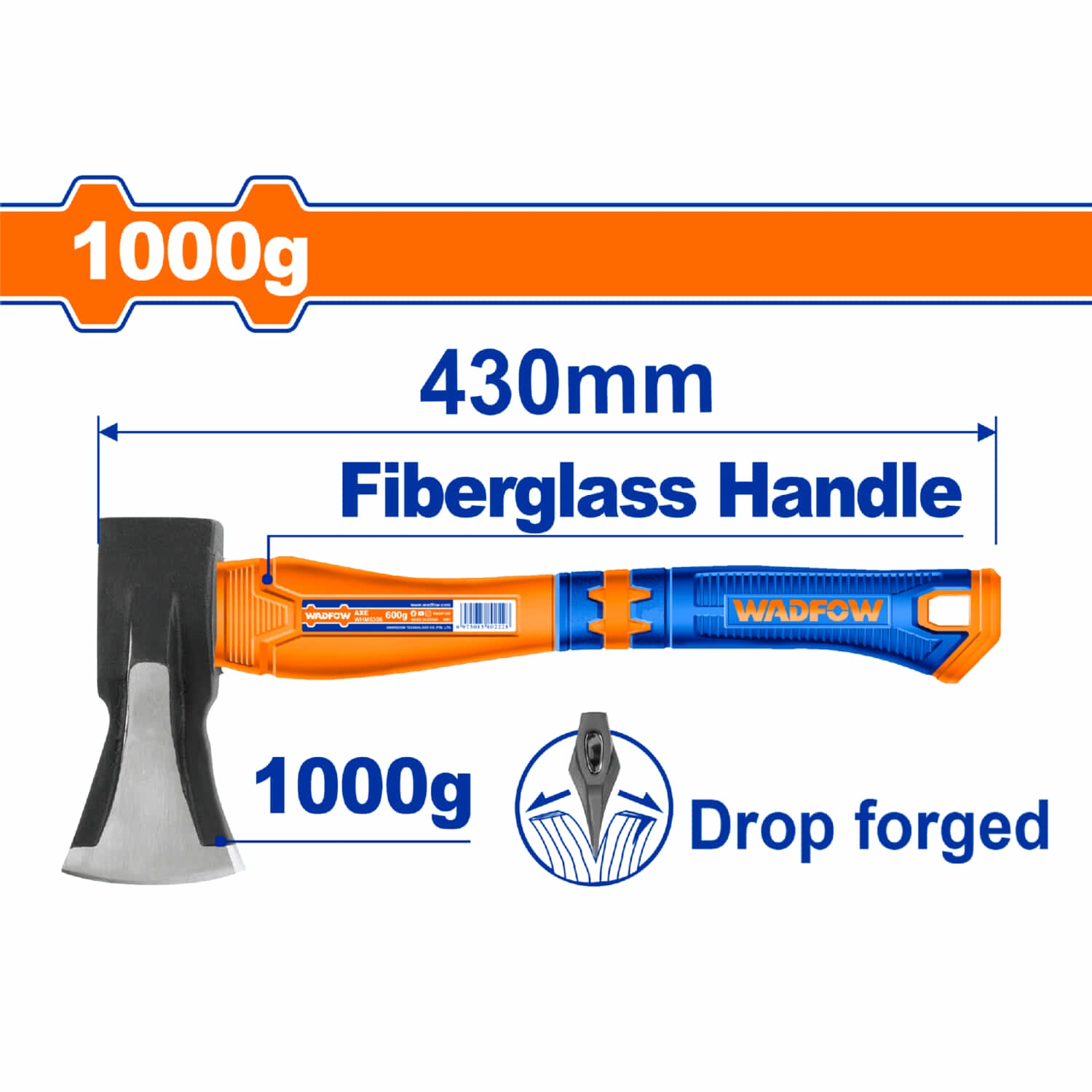 Hacha Avión. 1000g Long: 430mm Mango fibra de vidrio. Forjada a golpe. Acero al carbono #45.