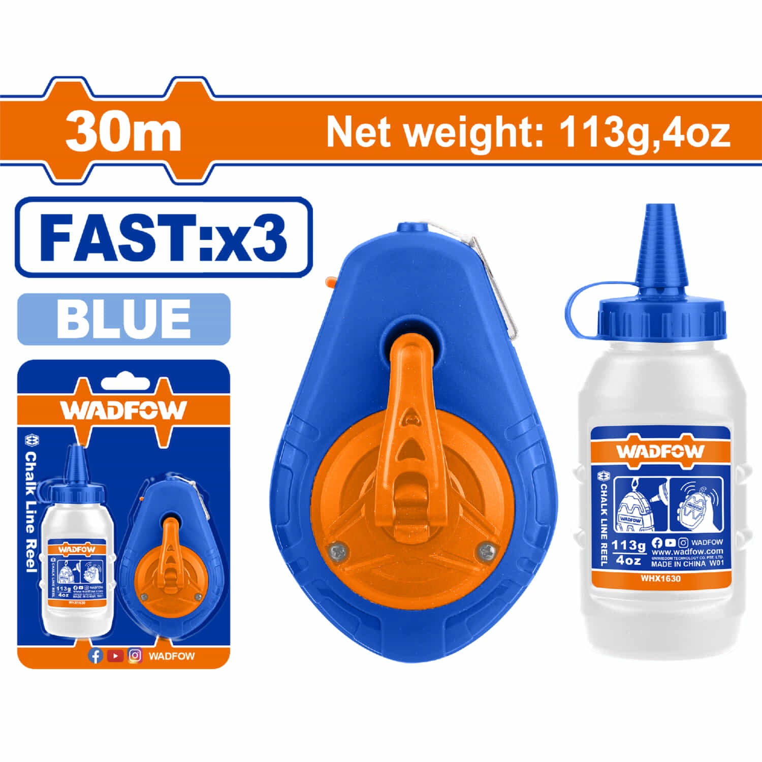 Tira línea 30mts de largo.  3x más rápido. Incluye una botella de tiza y polvo azul. Chalk line tiza hilo