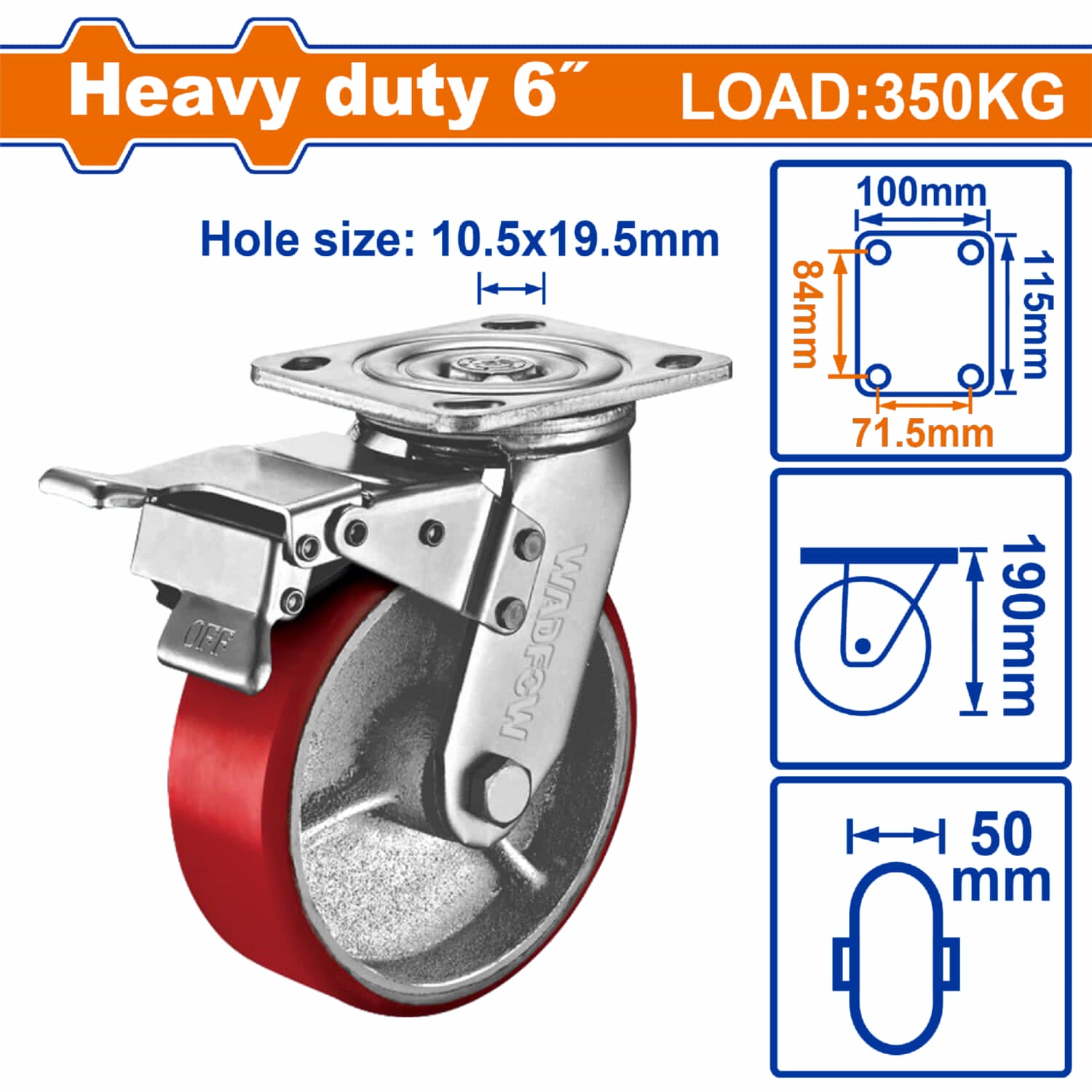 Rueda giratoria con freno 6" Serie trabajo pesado Carga 350Kg Acero y Plástico rojo. Rodachin
