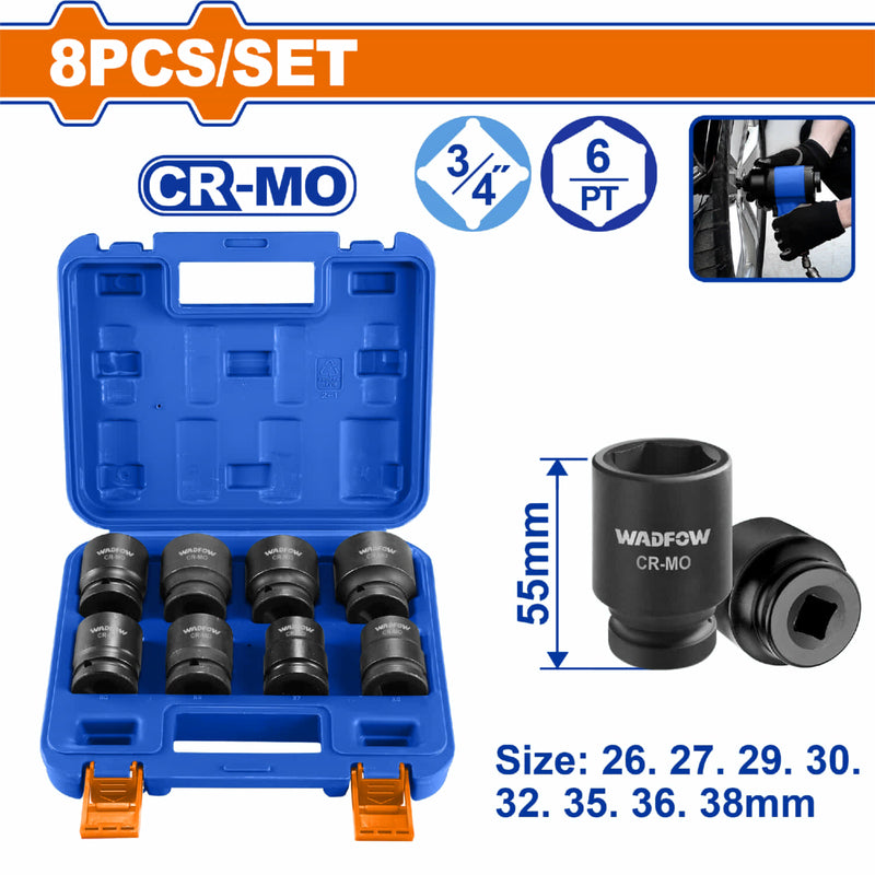 Dados Socket de Impacto 3/4" Largo 55mm CrMo Tamaños 26-38mm, Tratamiento Térmico. Set 8 pzas