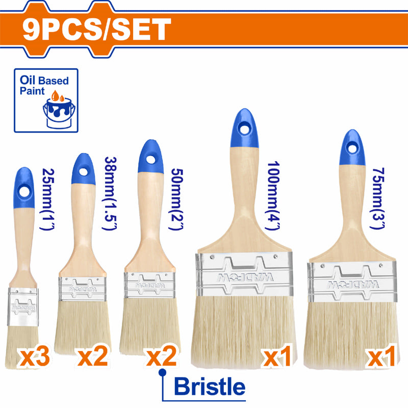 Pinceles para pintura al óleo Mango de Madera 1"(2.5cm), 1.5"(3.8cm), 2"(5cm), 3"(7.6cm), 4"(10.16cm) Set 9 pzas. Brochas