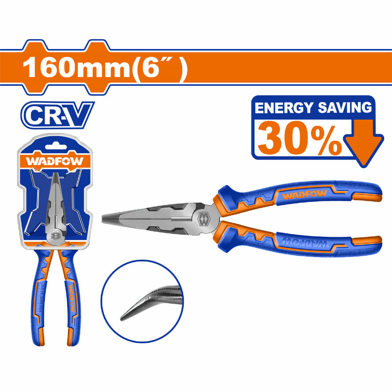 Alicate de punta curva 160mm (6") Ahorro de energía 30% Mango cómodo. Acabado pulido. Alto apalancamiento. Pinza
