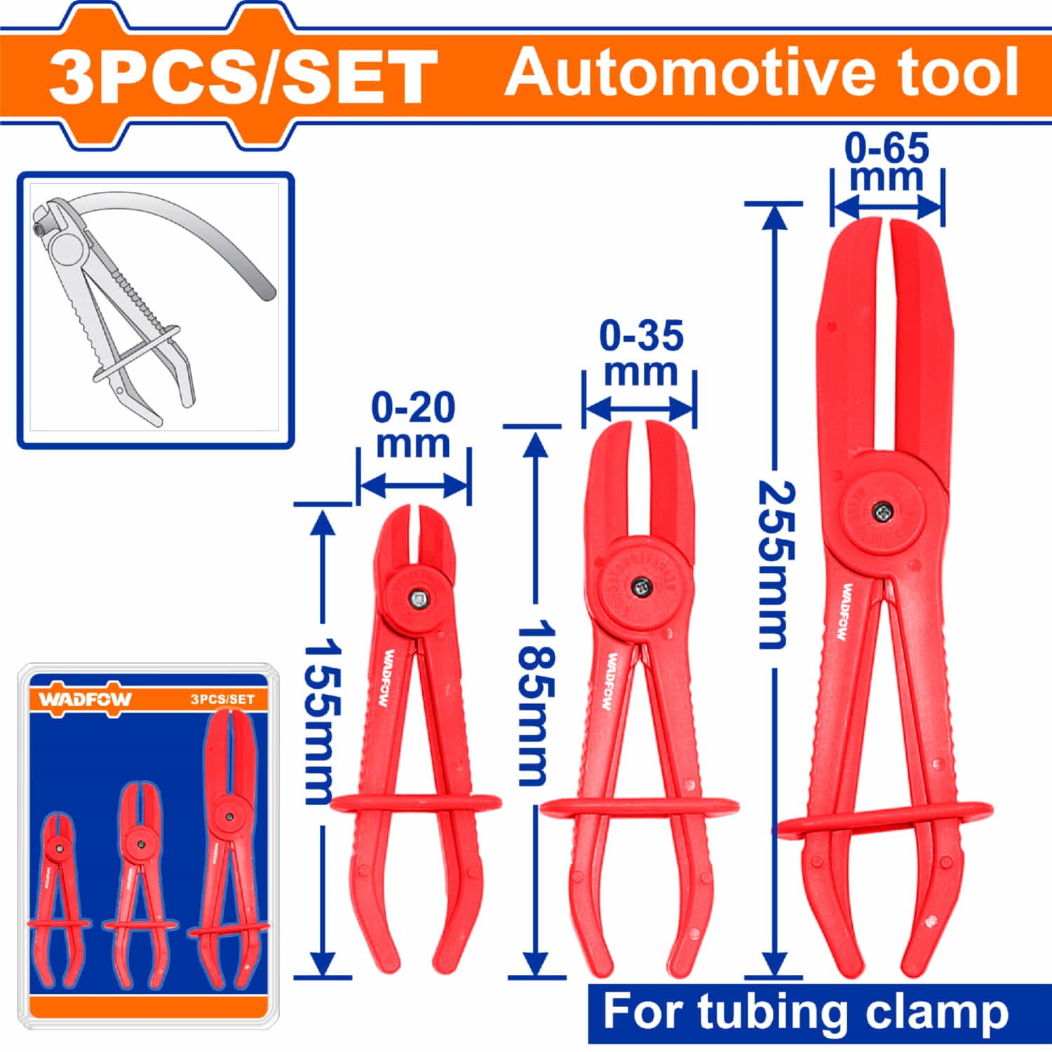 Alicates Pinzas para sujetar mangueras. Diferentes tamaños 0-20mm, 0-35mm, 0-65mm  Set 3 pzas.