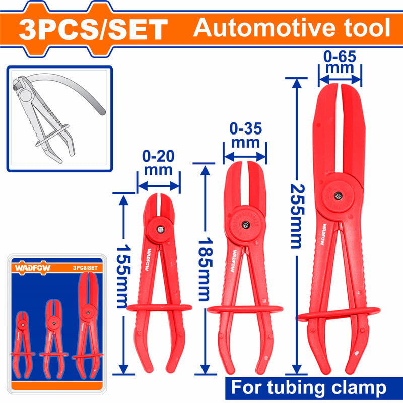 Alicates Pinzas para sujetar mangueras. Diferentes tamaños 0-20mm, 0-35mm, 0-65mm  Set 3 pzas.