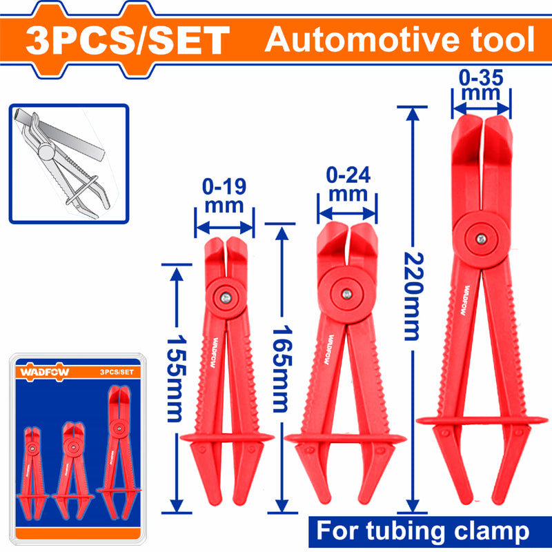 Alicates Pinzas para sujetar mangueras 90°. Diferentes tamaños 0-19mm, 0-24mm, 0-35mm Set 3 pzas.