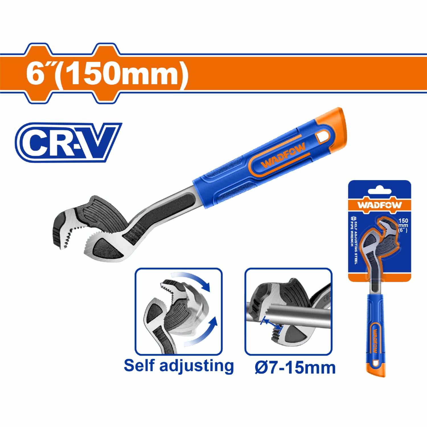 Llave Pico de Loro auto ajustable 150mm (6") Cr-V Apertura 7-15mm Acabado negro y pulido. Pinza Alicate