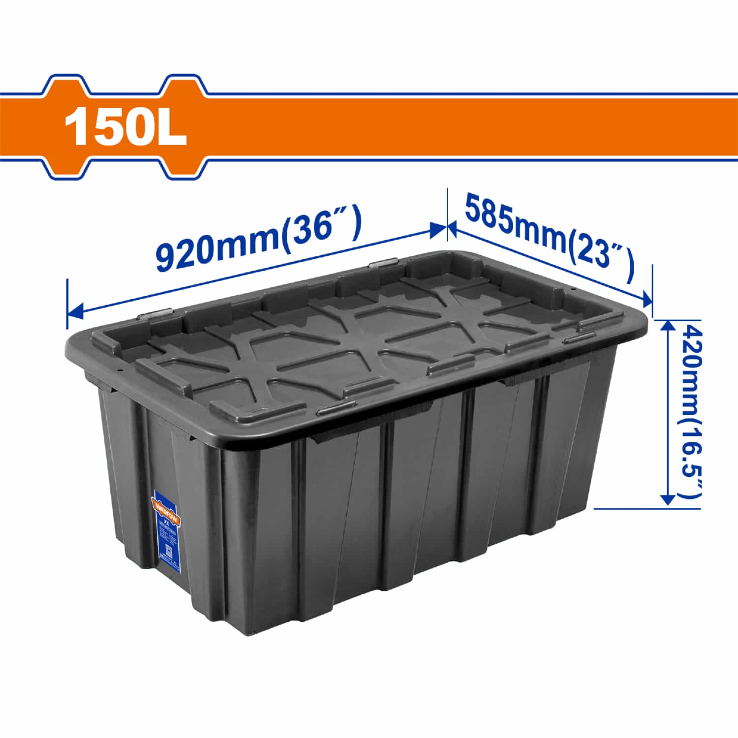 Caja plástica Contenedor de almacenamiento plástico 150L. 920 mm (36") x 585 mm (23") x 420 mm (16,5”) Hebilla de plástico. Peso: 4600g.