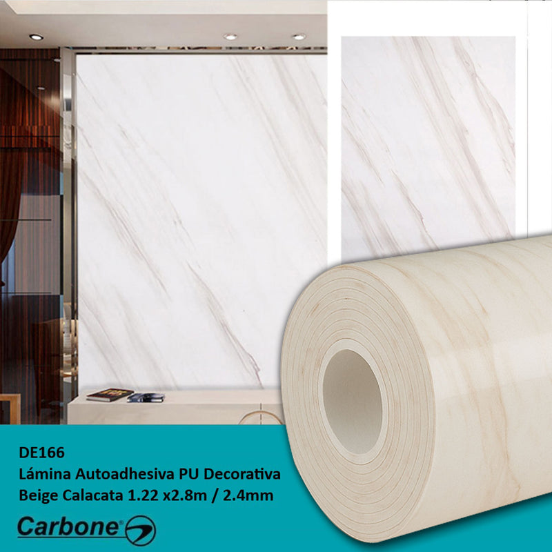 Lámina autoadhesiva panel Decorativo PU 1.20 m x 2.80 m x 2.4 mm. Acabado: Calacata Beige