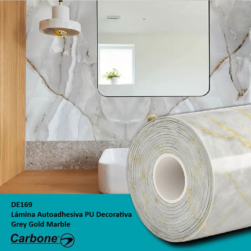 Lámina autoadhesiva panel Decorativo PU 1.20 m x 2.80 m x 2.4 mm. Acabado: Grey Gold Marble