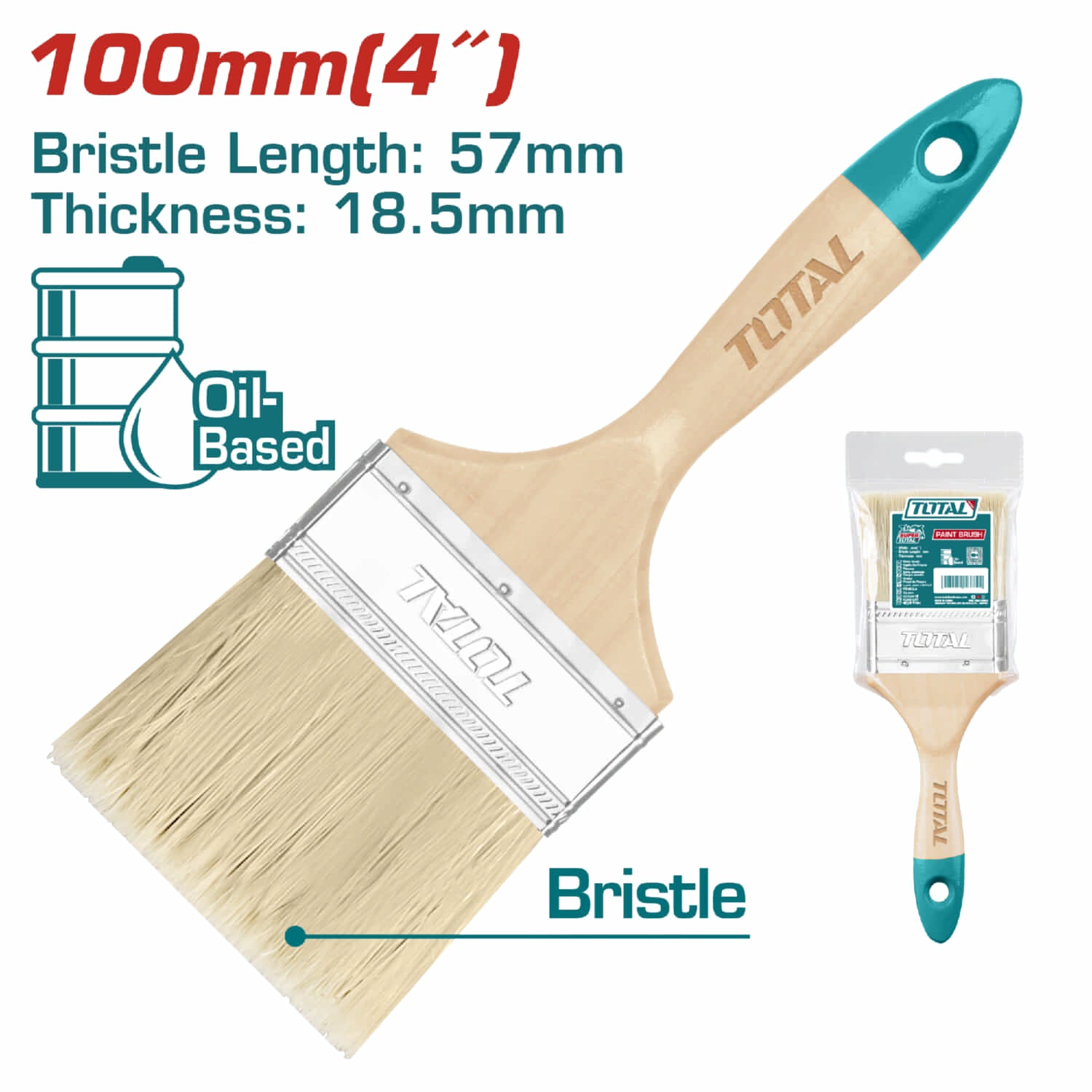 Brocha de 4" (100mm). Largo 57mm grueso del pelo 18.5mm. Mango de madera.