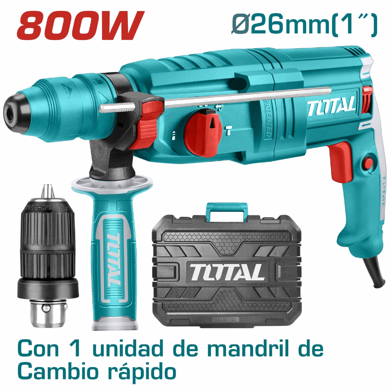 Rotomartillo SDS PLUS 800W, 110V-120V~60Hz, 0-4000bpm, 2.5J, 0-1100 rpm.