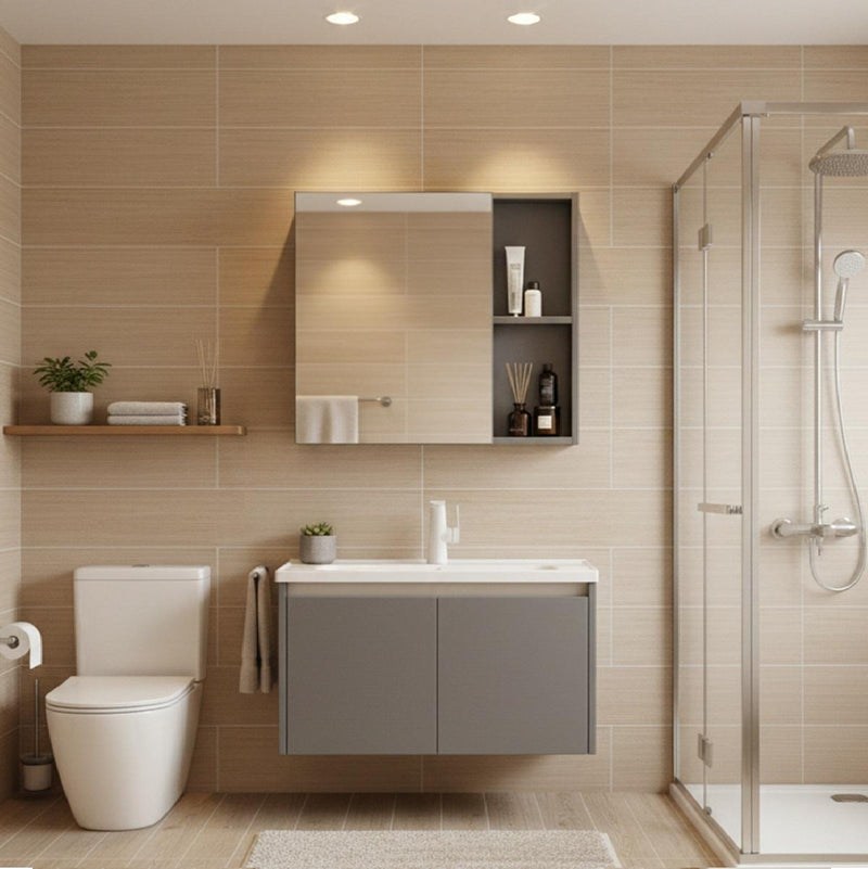 Combo Gabinete de Baño Moderno con Espejo y Lavamanos – Set Completo Gris