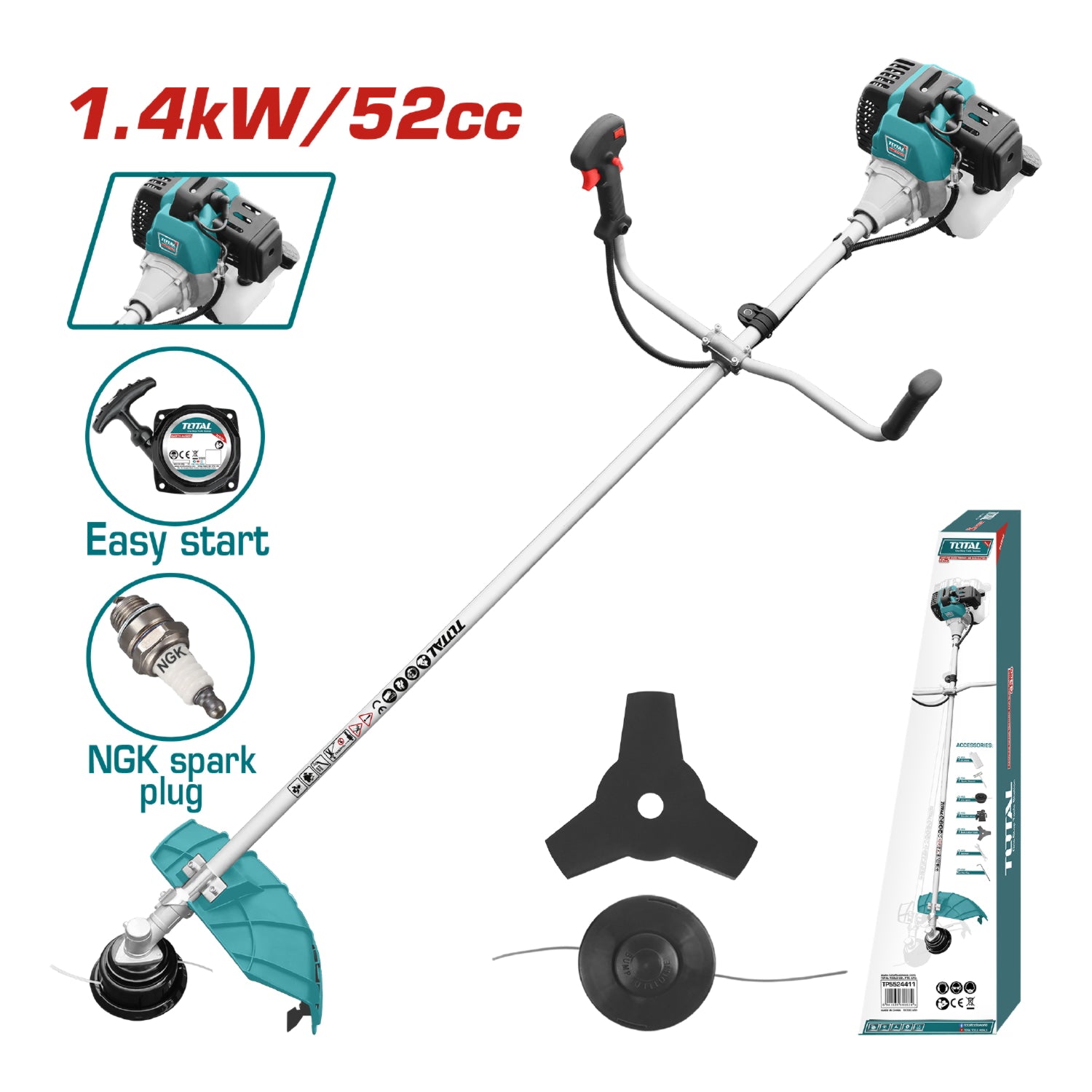 Desmalezadora Grande. Motor 2 Tiempos Enfriado Por Aire A Gasolina 1.4KW (2.2HP) 52cc. Desbrozadora.