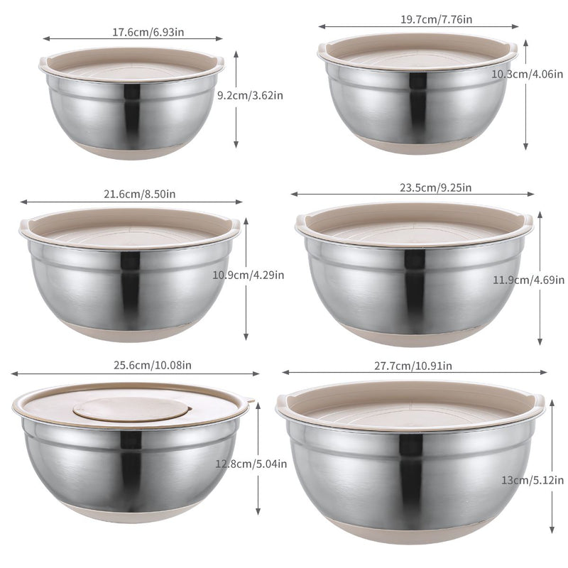 Tazones bowl De Acero Inoxidable Con Tapa. Multifuncionales  Color Crema. (Set de 6 piezas) Bowl de cocina. Base antideslizante