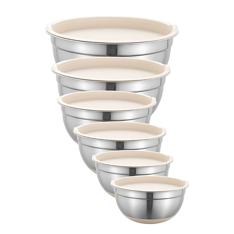 Tazones bowl De Acero Inoxidable Con Tapa. Multifuncionales  Color Crema. (Set de 6 piezas) Bowl de cocina. Base antideslizante