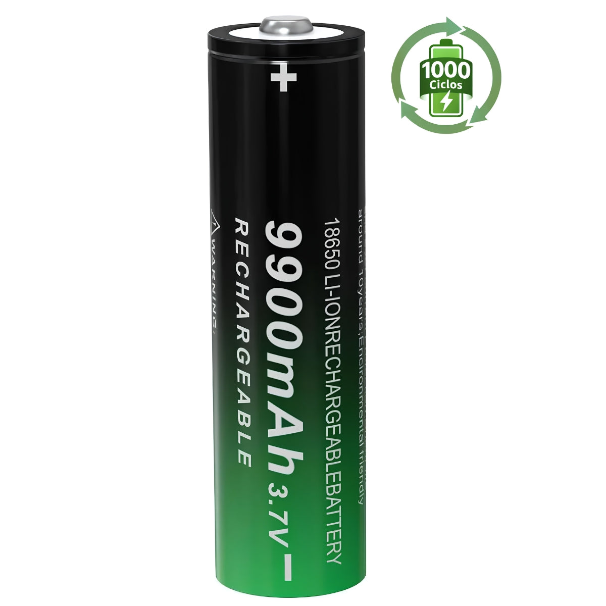Batería Recargable 18650  9900mAh 3.7V Ion Litio (1 pza). Terminal Elevado con Alta Capacidad para Linterna, Dispositivos Electrónicos. 1000 Ciclos de Vida