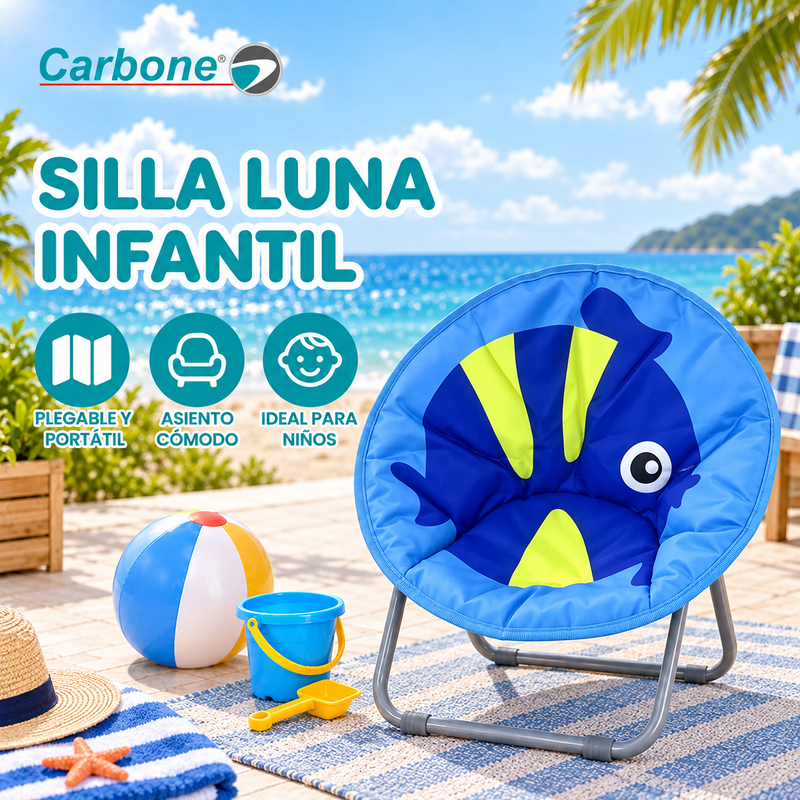 Silla Luna Infantil Plegable Diseño de Pecesito Para Playa Camping Picnic Y Exterior. Capacidad 115Kg. Color Azul (50x50x45cm)
