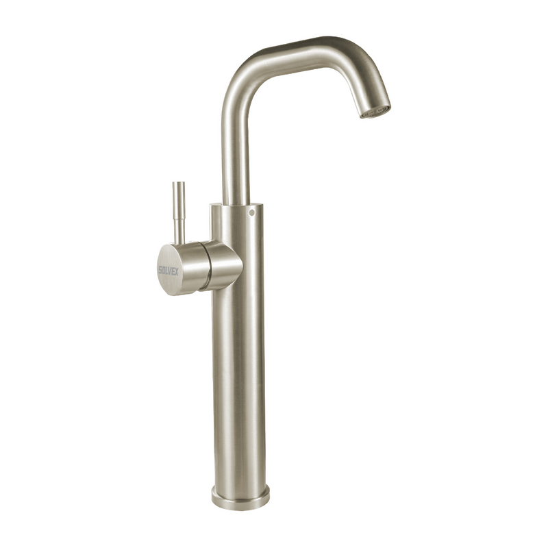 Llave de Lavamanos Individual Alta. Acabado Satinado. Grifo para Lavabo. Boquilla con Rotación de 360°.