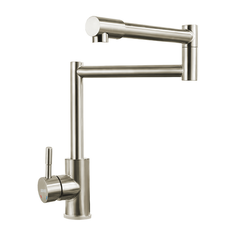 Grifo de fregador. Acabado Cepillado. Acero Inoxidable. Pluma Llave Mezcladora para Cocina. Brazo Articulado de Doble Sección.