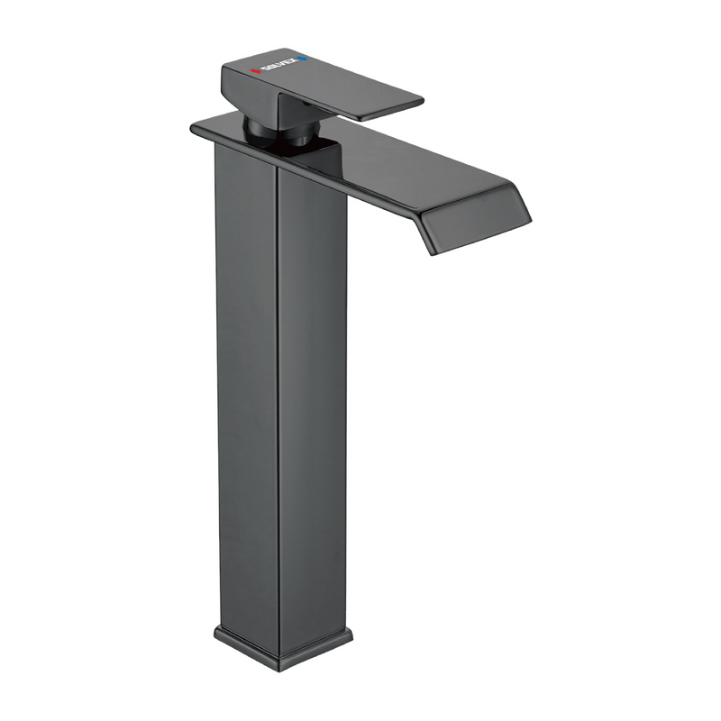 Llave de Lavamanos Individual Alta. Color negro. Grifo para Lavabo. Pluma Agua Fría y Caliente.