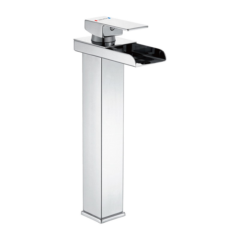 Llave de Lavamanos Individual Alta. Color Cromado Brillante. Grifo para Lavabo. Pluma Agua Fría y Caliente.