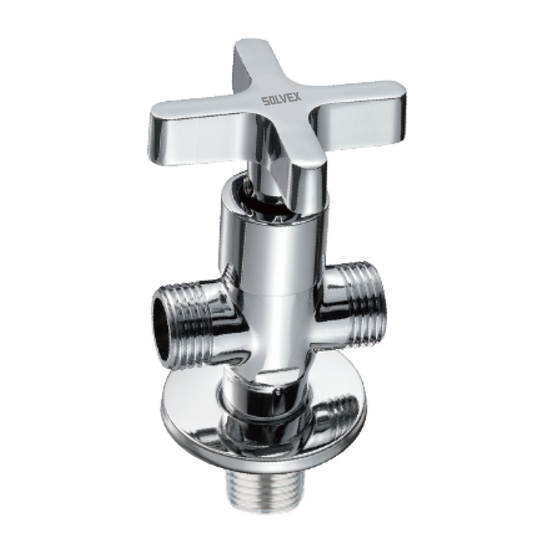 Llave de Ángulo de Dos Vías. Válvula de Agua Cromado Brillante. Cuerpo y Cartucho de Latón. Mango de Zinc.