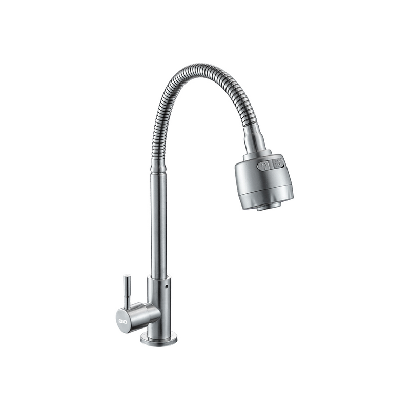 Llave de fregador Individual. Acabado satinado. Grifo para Cocina. Pluma de Acero Inoxidable con Cuello Flexible y Doble Función.