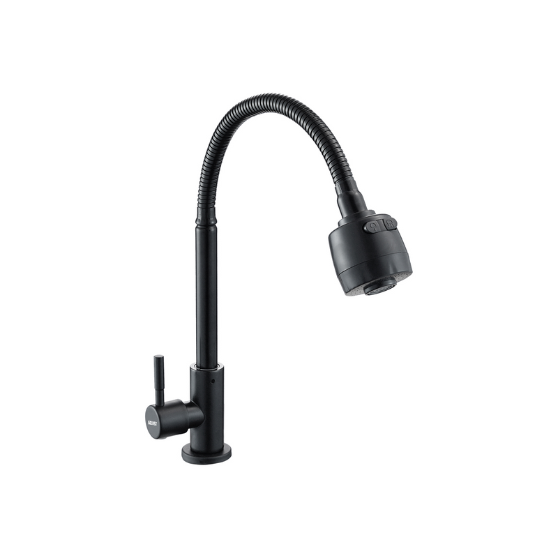 Llave de fregador Individual. Color negro. Grifo para Cocina. Pluma de Acero Inoxidable con Cuello Flexible y Doble Función.