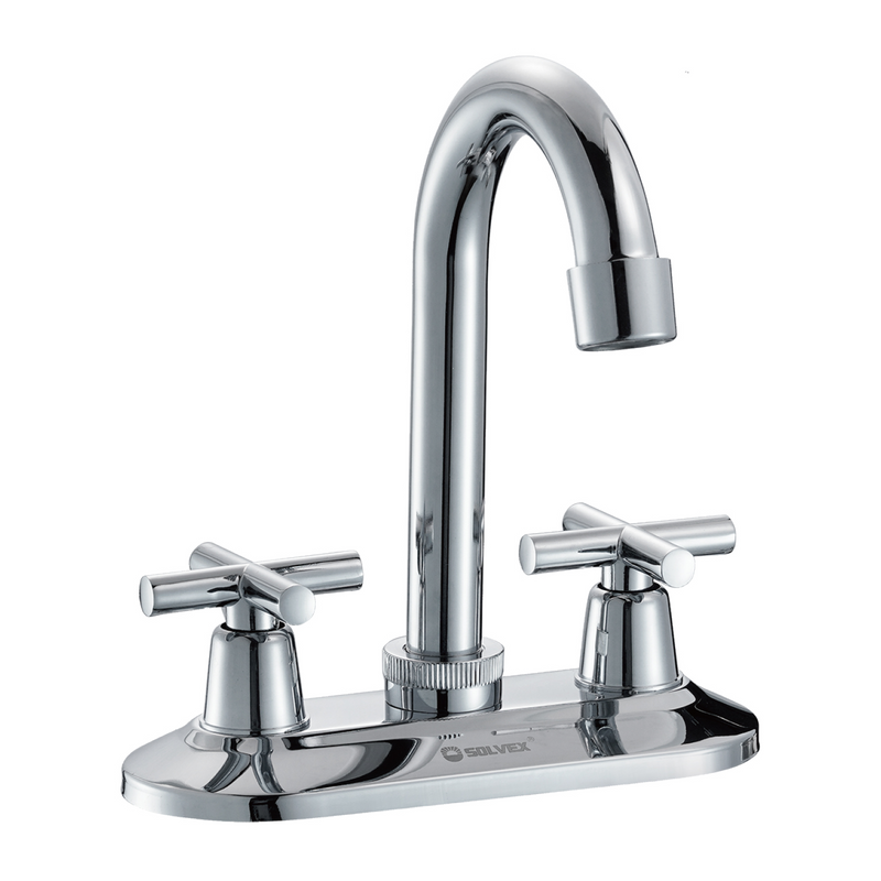 Llave Mezcladora 4" Para Lavamanos Tipo Bar. Pluma grifo de Cuello Alto Giratorio y Manijas de Cruz. Agua Fría y Caliente.