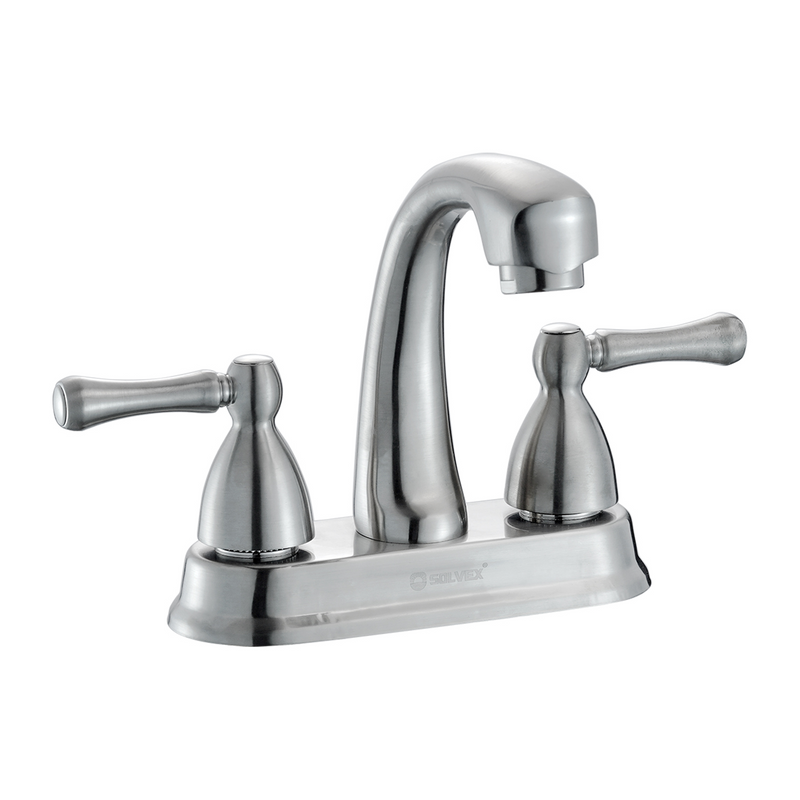 Llave Mezcladora 4" Para Lavamanos Con Cubierta Y Manerales Tipo Palanca. Pluma Grifo de Acabado satinado.