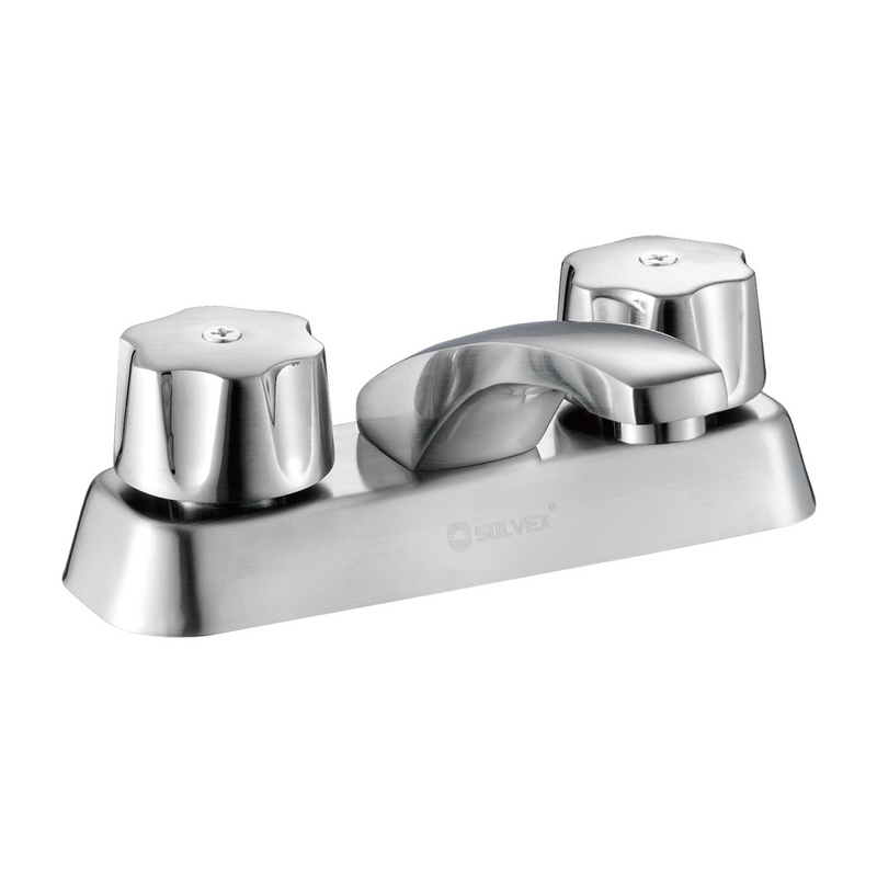 Llave Mezcladora 4" para Lavamanos. Grifo Bimando de Latón y Zinc. Pluma de Agua Fría y Caliente con Acabado Cepillado