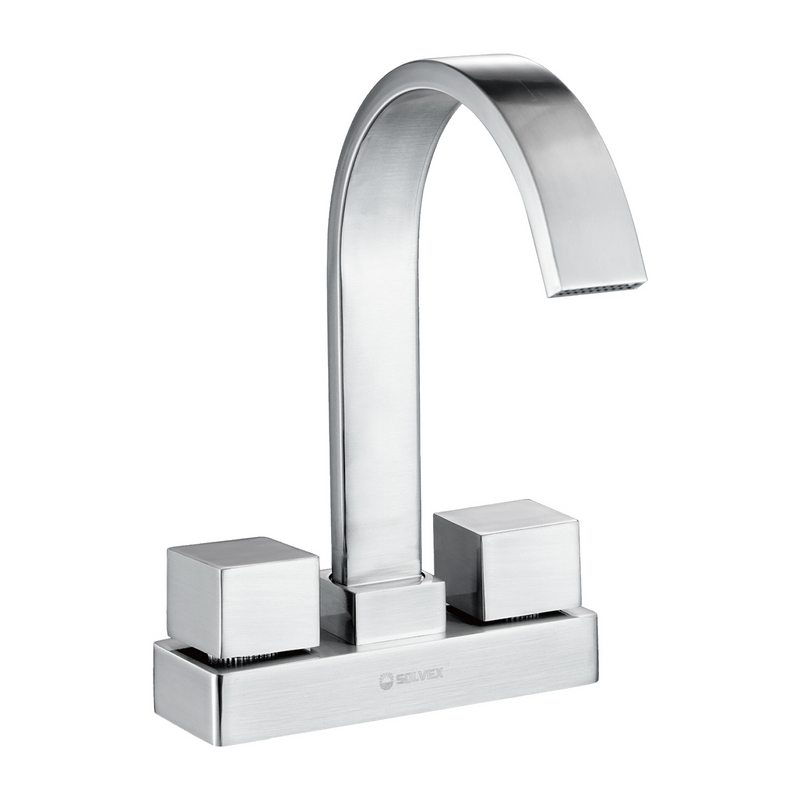 Llave Mezcladora 4" Para Lavamanos o fregador Tipo Bar. Grifo con Manerales Cuadrados y Pluma Alta Cromada. Acabado satinado.