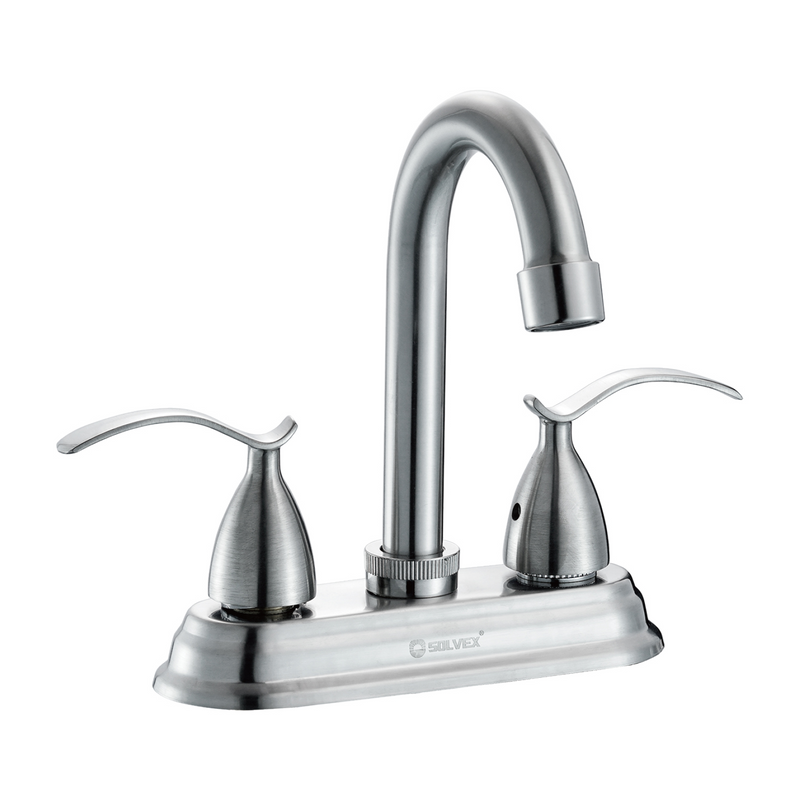 Llave Mezcladora 4" Para Lavamanos Con Cubierta y Manerales Estilo Elegante. Pluma Grifo de Acabado satinado.