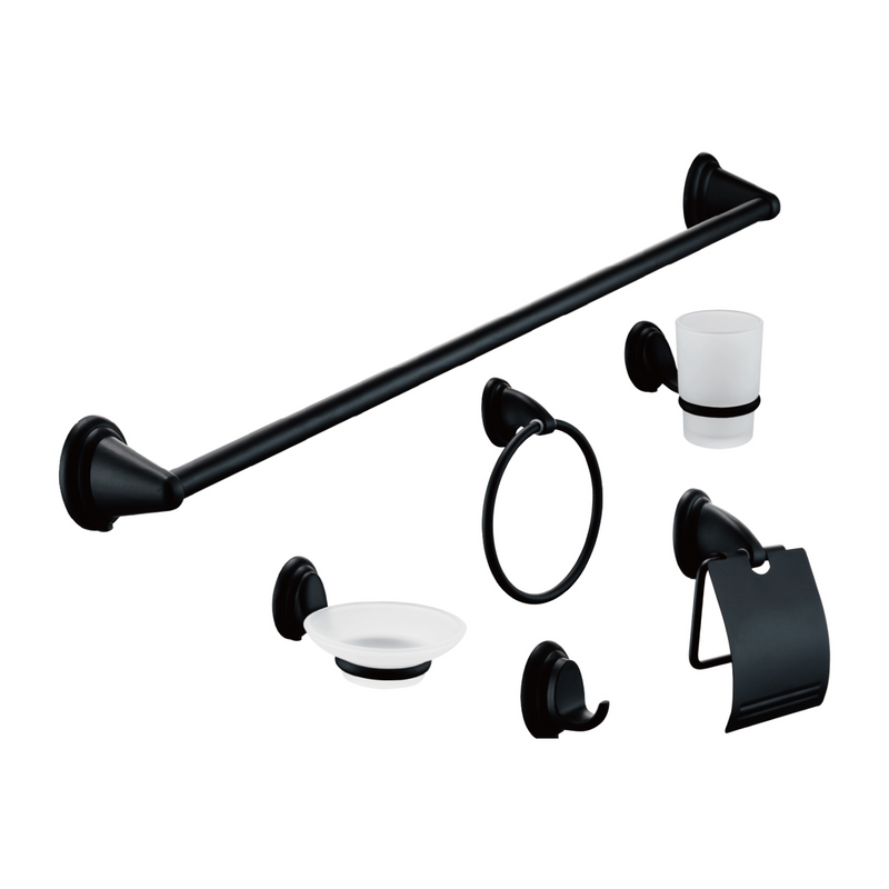 Accesorios para Baño. Set de 6 Piezas. Acero Inoxidable y Zinc. Color negro.