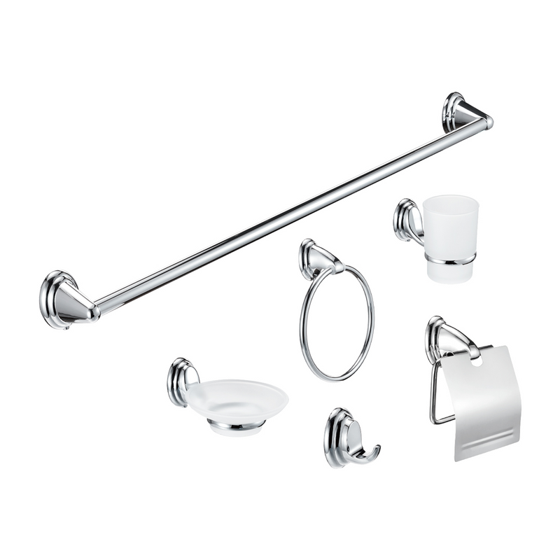 Accesorios para Baño. Set de 6 Piezas. Acero Inoxidable y Zinc con Acabado Cromado Brillante.
