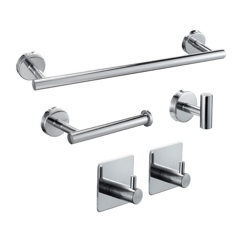 Accesorios para Baño. Set de 5 Piezas. Acero Inoxidable y Zinc. Acabado cromado brillante.