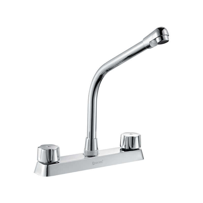 Llave para fregador de Cocina 8" Latón Cromado. Grifo de Giro Completo con Pluma Alta y Manijas de Zinc.