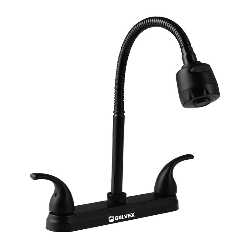 Llave para fregador de Cocina 8" Latón Negro. Grifo Flexible con Pluma de Acero Inoxidable y Doble Función.