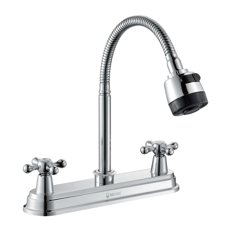 Llave para fregador de Cocina 8" Acero Inoxidable Cromado. Grifo Flexible con Pluma de Doble Función y Manijas Cruz.