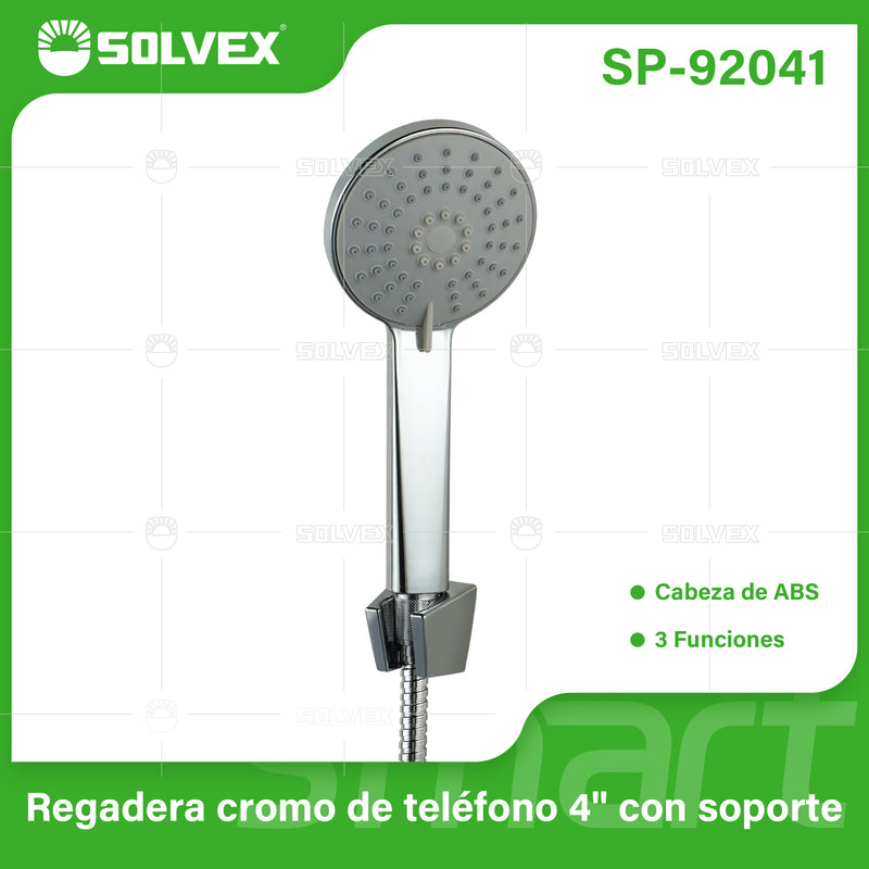 Regadera Tipo Teléfono de 4” con Soporte. 3 Funciones de Rociado y Acabado Cromado Brillante.