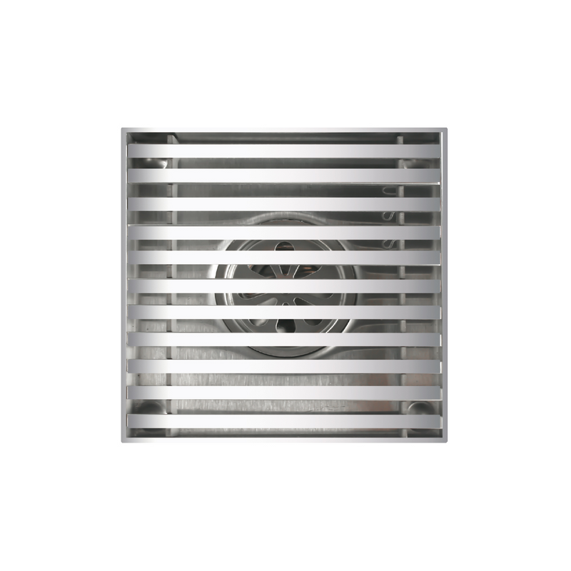 Drenaje Cuadrado 4" Para Ducha. Desagüe De Piso En Acero Inoxidable Cromado Brillante 10x10cm.