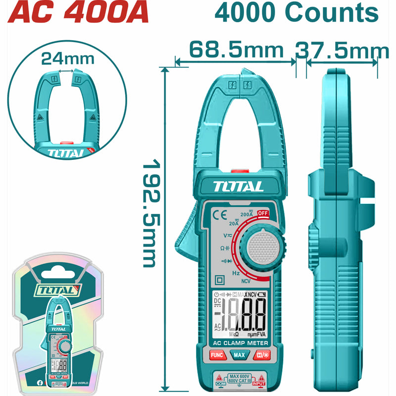 Medidor De Abrazadera Pinza Amperimétrica 4000 Cuentas. Con Retención De Datos. AC 400A. Resistencia 400Ω.