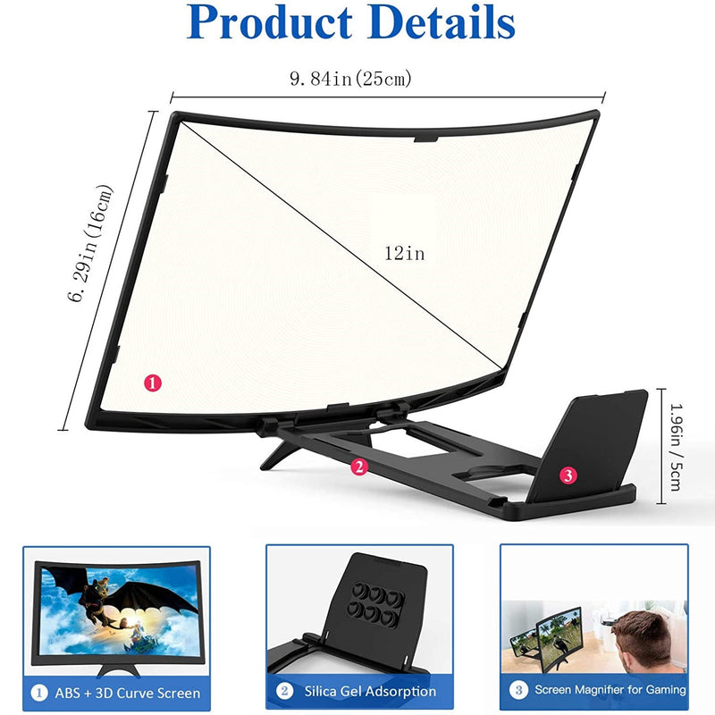 Amplificador de Pantalla de Celular, curva 3D, Full HD. Tamaño 12” Pulg.