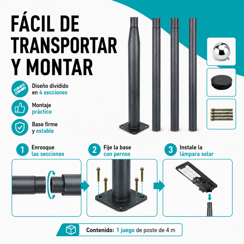 Poste Para Lámpara Solar De Calle Tipo Split De 4 Metros En Acero Galvanizado Q195 Con Rosca Para Alumbrado Exterior (No Incluye Lámpara)