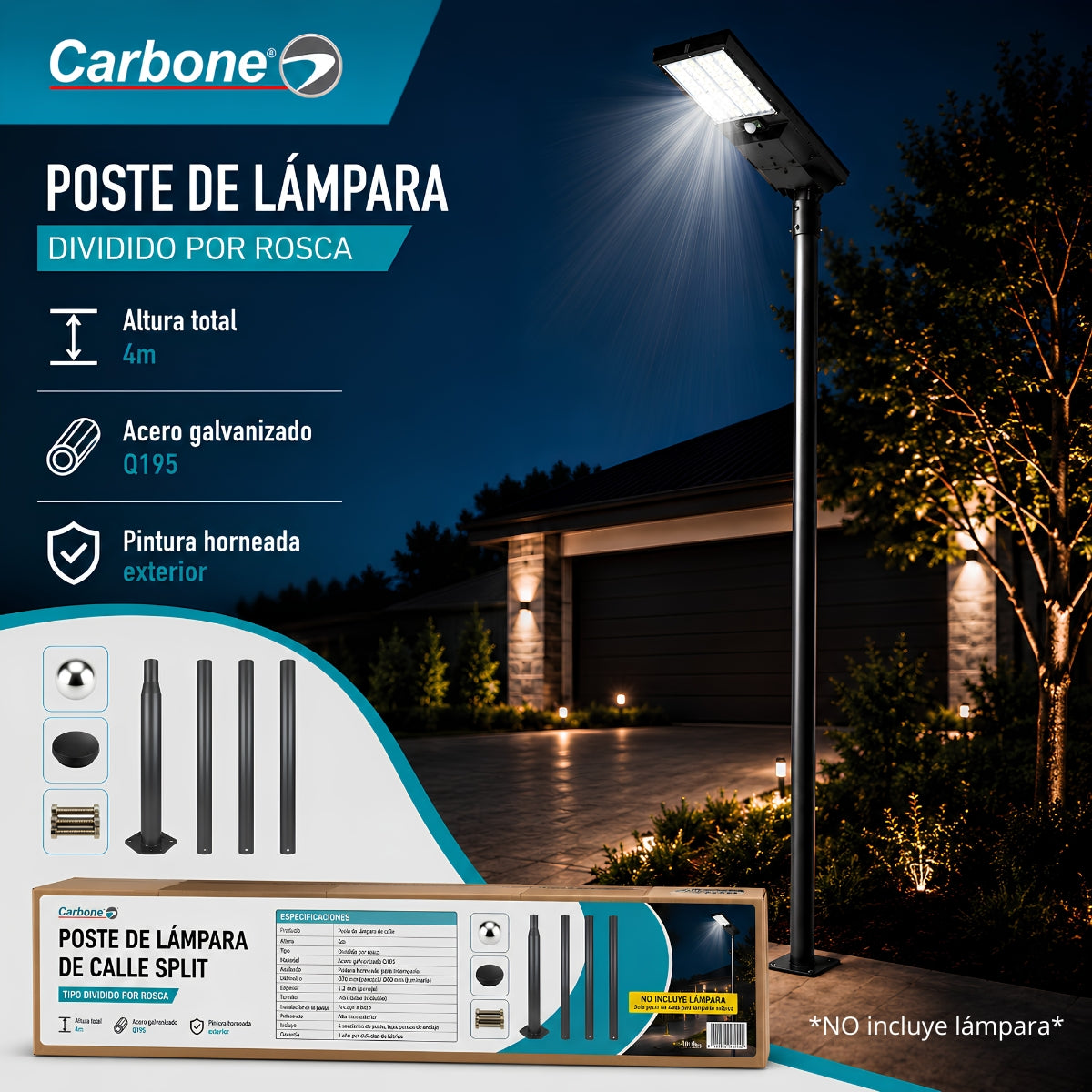 Poste Para Lámpara Solar De Calle Tipo Split De 4 Metros En Acero Galvanizado Q195 Con Rosca Para Alumbrado Exterior (No Incluye Lámpara)