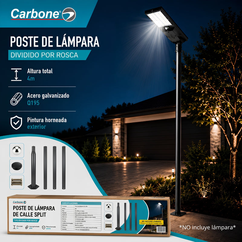 Poste Para Lámpara Solar De Calle Tipo Split De 4 Metros En Acero Galvanizado Q195 Con Rosca Para Alumbrado Exterior (No Incluye Lámpara)