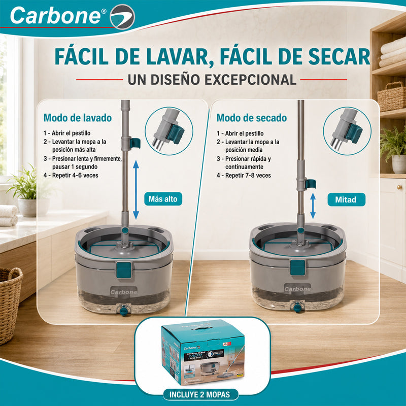 Trapeador Giratorio 360° Ultra Transparente con Balde Autolimpiante y Escurridor + 2 Mopas. Fregona Spin Mop con Mango de 132cm para Pisos.  Carbone Clean Freak