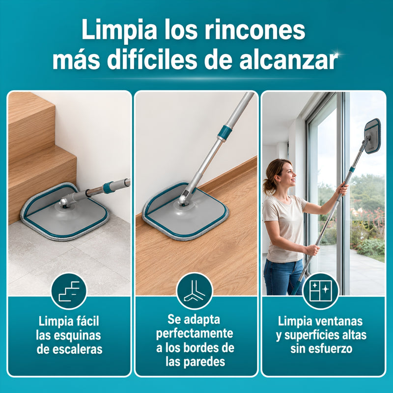 Trapeador Giratorio 360° Ultra Transparente con Balde Autolimpiante y Escurridor + 2 Mopas. Fregona Spin Mop con Mango de 132cm para Pisos.  Carbone Clean Freak