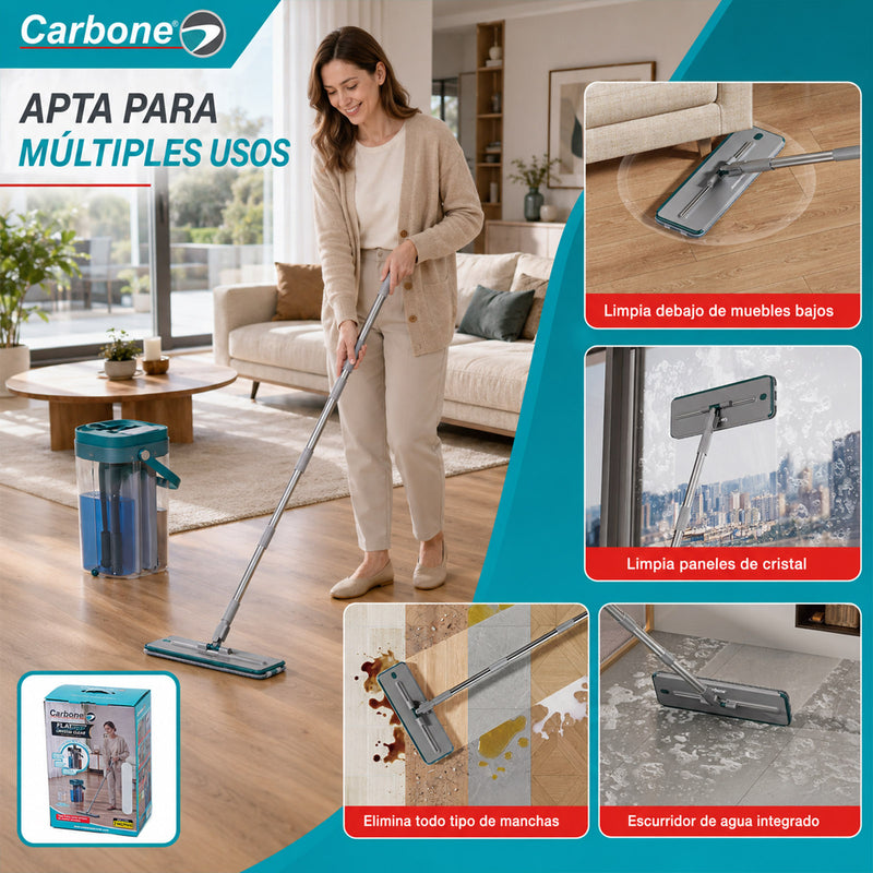 Trapeador Plano 360° flat mop con Balde Autolimpiante Ultra Transparente. Fregona plana con Mango Extensible de 1.35m y 2 Mopas. Injecta agua para limpiar con el movimiento.  Carbone Clean Freak